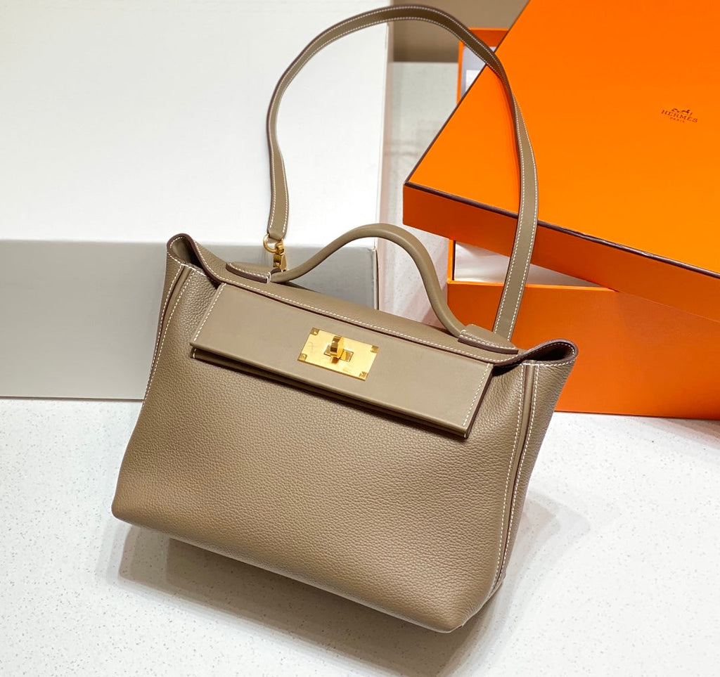 MINI 24/24 29CM IN TOGO ETOUPE EVERCOLOR CALFSKIN GOLD KELLY BUCKLE