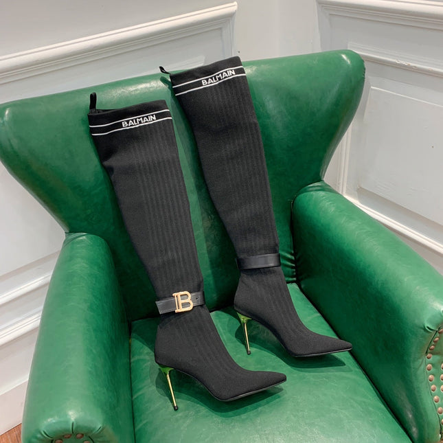 BALMAIN 26S HIGH-TOP BOOTS 105 MM IN BLACK FLYKNIT