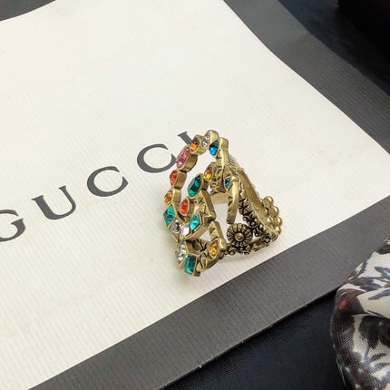 GUCCI 26S GG MULTICOLOR GEM EMBELLISHED BROOCH IN AGED GOLD TONE METAL 624288