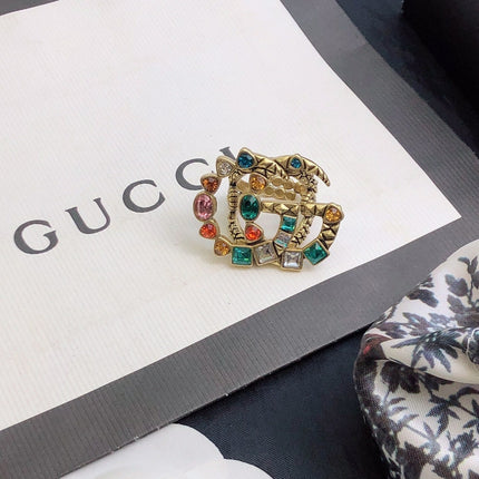 GUCCI 26S GG MULTICOLOR GEM EMBELLISHED BROOCH IN AGED GOLD TONE METAL 624288