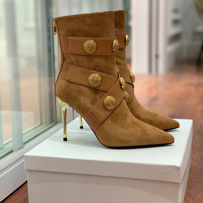 BALMAIN 26S BOOT 105 MM IN BROWN SUEDE WITH GOLD HARDWARE