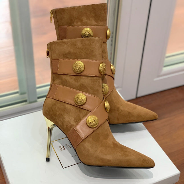 BALMAIN 26S BOOT 105 MM IN BROWN SUEDE WITH GOLD HARDWARE