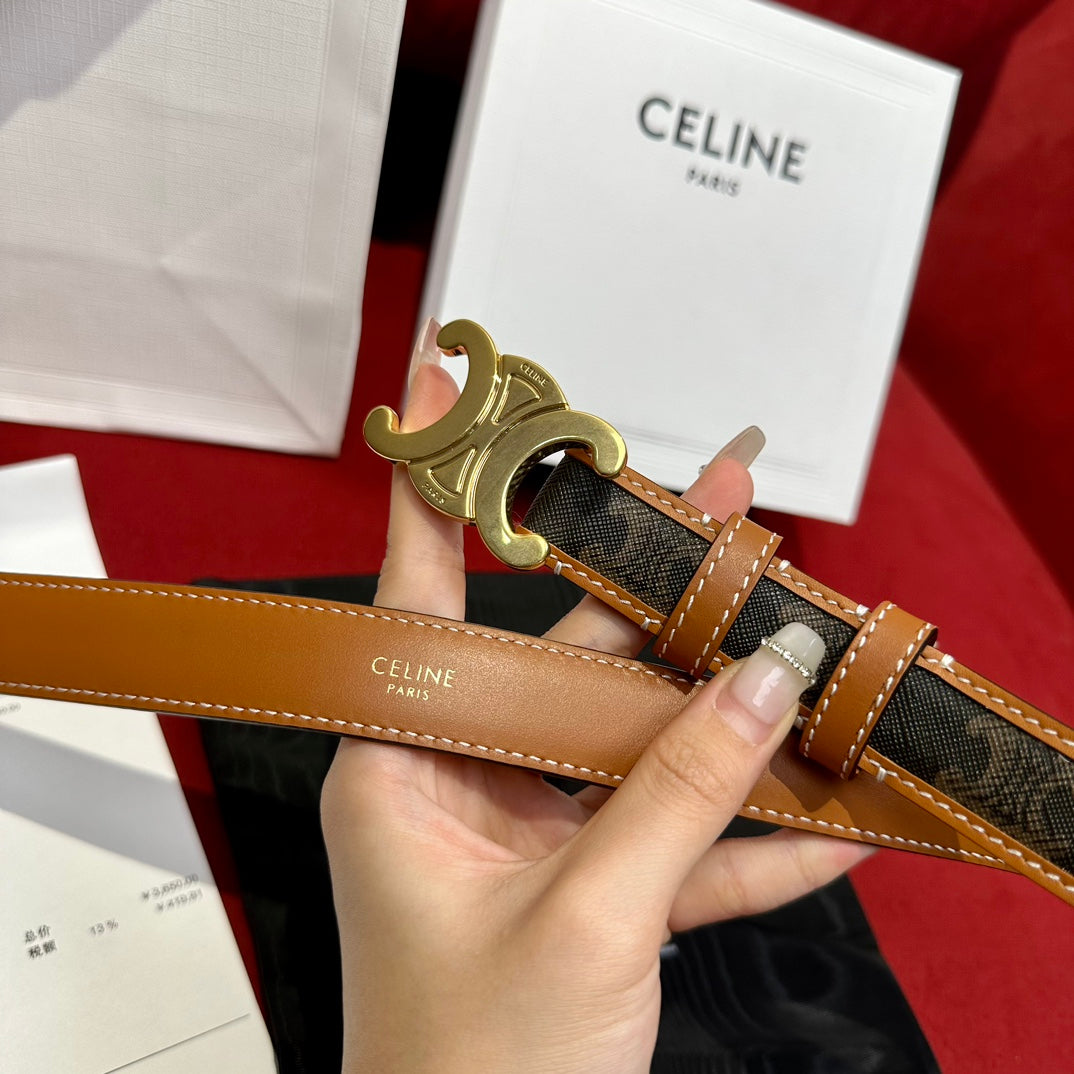 TRIOMPHE BELT 25MM REVERSIBLE IN DARK BROWN LOGO PRINT AND BROWN CALFSKIN WITH GOLD BUCKLE