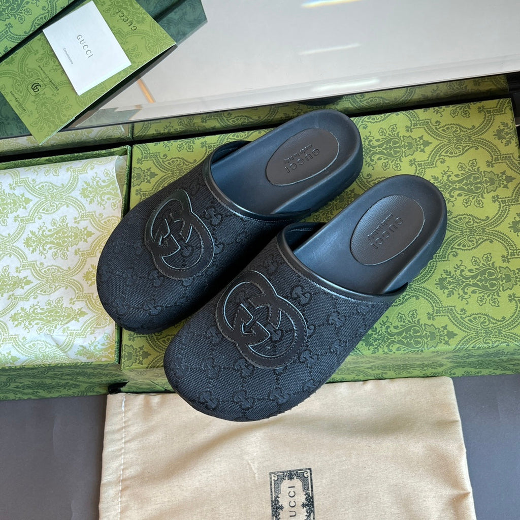 INTERLOCKING G MULE IN BLACK MONOGRAM CANVAS AND LEATHER