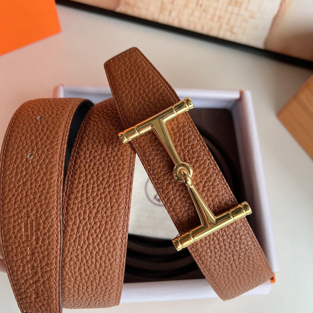 HM JUMBO BELT BUCKLE & REVERSIBLE CIDER ORANGE AND BLACK LEATHER STRAP 38 MM GOLD HARDWARE