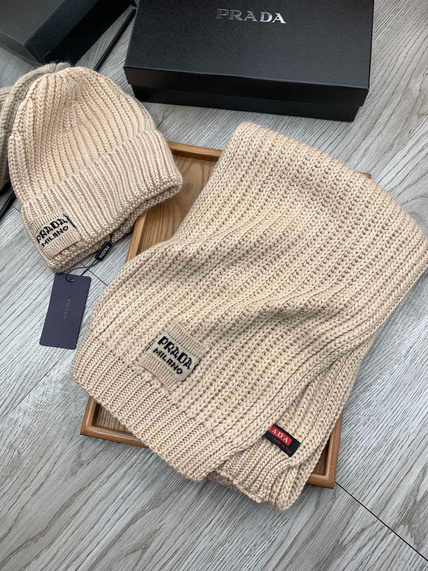SET SCARF AND HAT IN SAND BROWN WOOL AND RABBIT FUR 388990