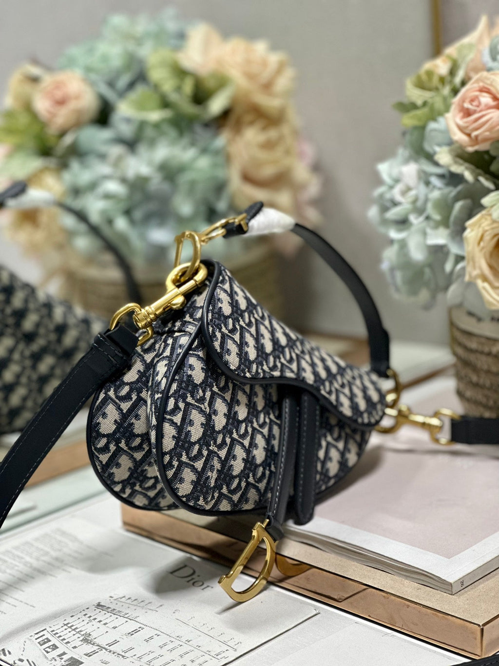 DIOR 26S SADDLE BAG 25 IN BLUE OBLIQUE JACQUARD