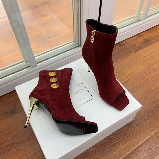 BALMAIN 26S OPEN-TOE BOOTS 95 MM IN DARK RED SUEDE