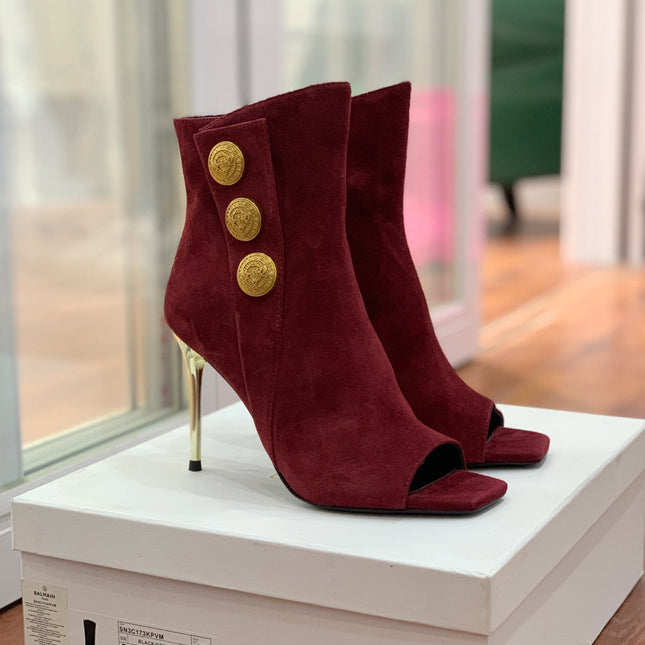 BALMAIN 26S OPEN-TOE BOOTS 95 MM IN DARK RED SUEDE