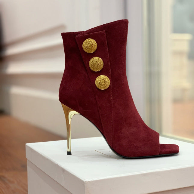 BALMAIN 26S OPEN-TOE BOOTS 95 MM IN DARK RED SUEDE
