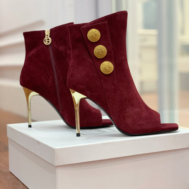 BALMAIN 26S OPEN-TOE BOOTS 95 MM IN DARK RED SUEDE