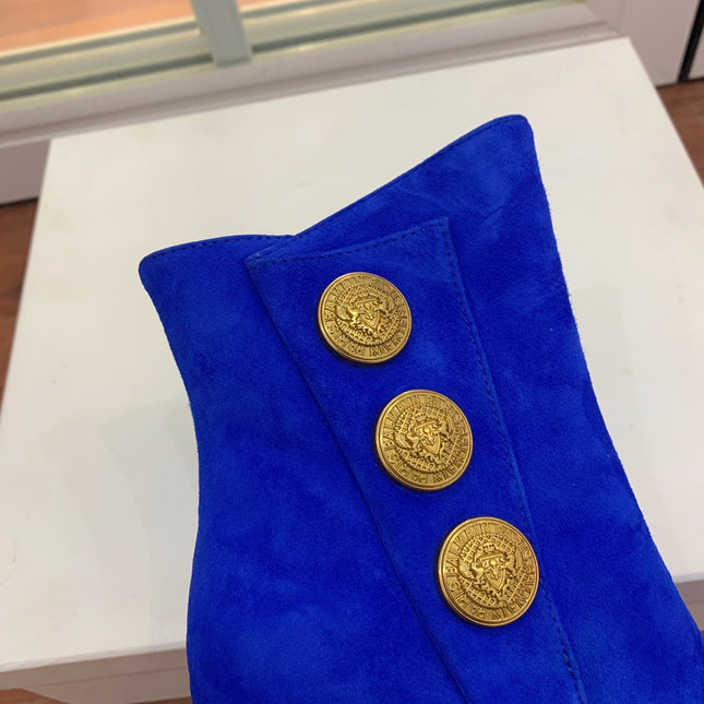 BALMAIN 26S OPEN-TOE BOOTS 95 MM IN NAVY BLUE SUEDE