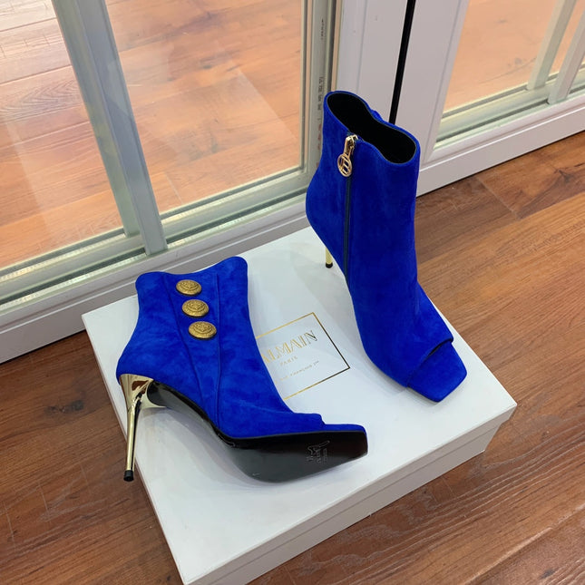 BALMAIN 26S OPEN-TOE BOOTS 95 MM IN NAVY BLUE SUEDE