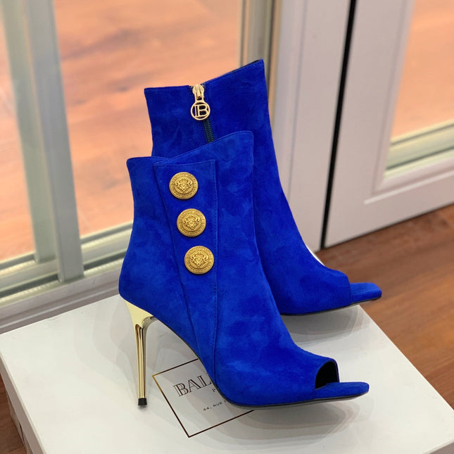 BALMAIN 26S OPEN-TOE BOOTS 95 MM IN NAVY BLUE SUEDE