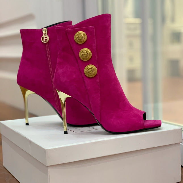 BALMAIN 26S OPEN-TOE BOOTS 95 MM IN DARK PINK SUEDE