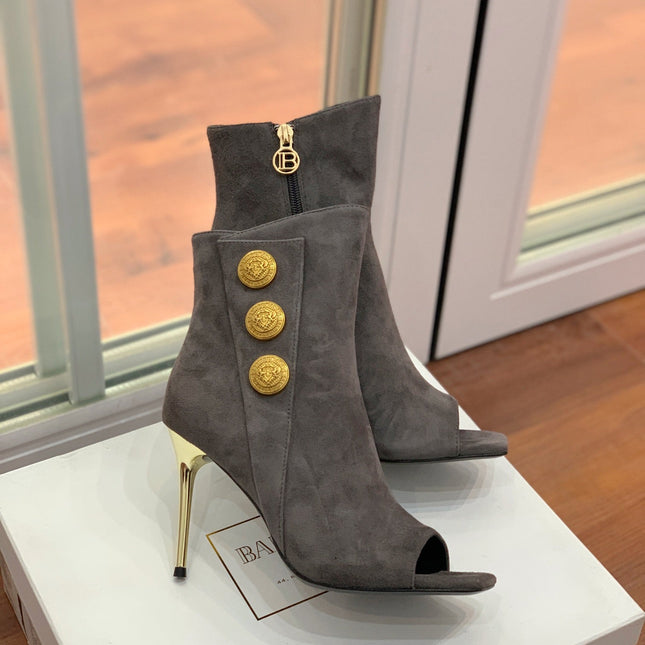 BALMAIN 26S OPEN-TOE BOOTS 95 MM IN GRAYISH BROWN SUEDE