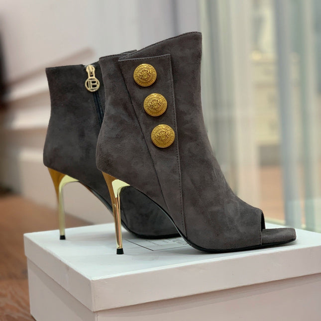 BALMAIN 26S OPEN-TOE BOOTS 95 MM IN GRAYISH BROWN SUEDE