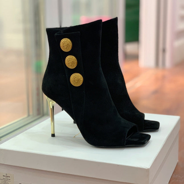 BALMAIN 26S OPEN-TOE BOOTS 95 MM IN BLACK SUEDE