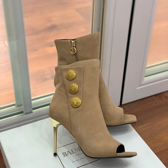 BALMAIN 26S OPEN-TOE BOOTS 95 MM IN LIGHT BROWN SUEDE