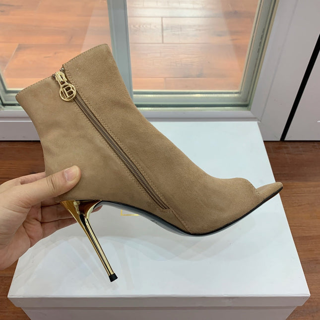 BALMAIN 26S OPEN-TOE BOOTS 95 MM IN LIGHT BROWN SUEDE