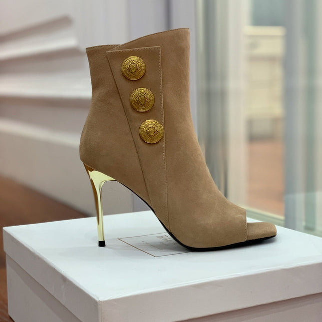 BALMAIN 26S OPEN-TOE BOOTS 95 MM IN LIGHT BROWN SUEDE