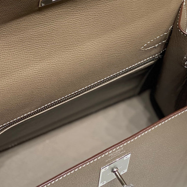 KELLY 28CM IN ETOUPE EPSOM CALFSKIN SILVER HARDWARE