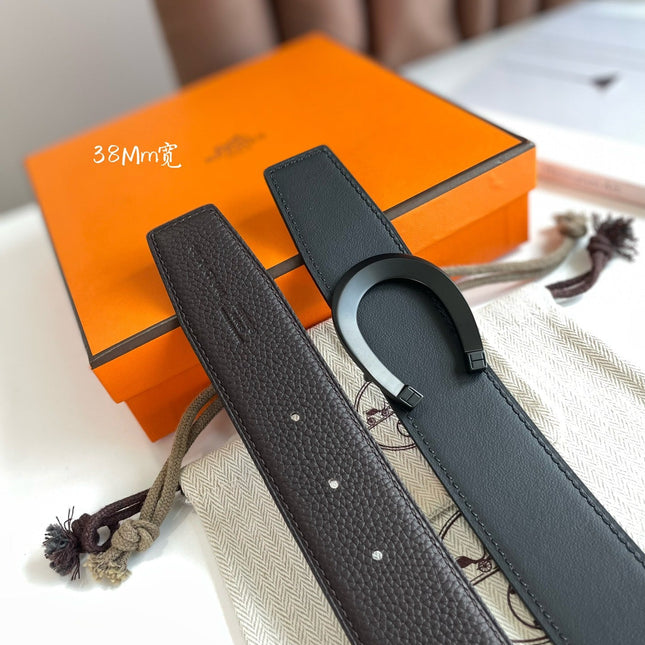 LUCK BELT BUCKLE & REVERSIBLE CHOCOLATE BROWN LEATHER STRAP 38MM BLACK HARDWARE