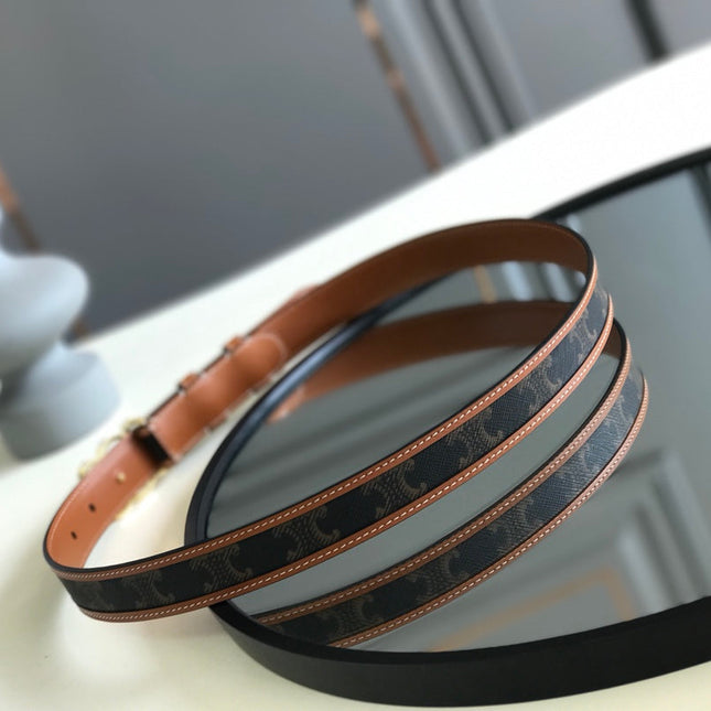 CELINE 25S BELT TRIOMPHE 25MM IN BROWN CALFSKIN AND CANVAS 559678