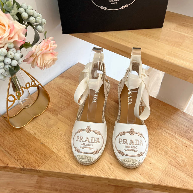 PRADA 26S ESPADRILLE HIGH HEEL SANDALS IN IVORY WHITE CALFSKIN