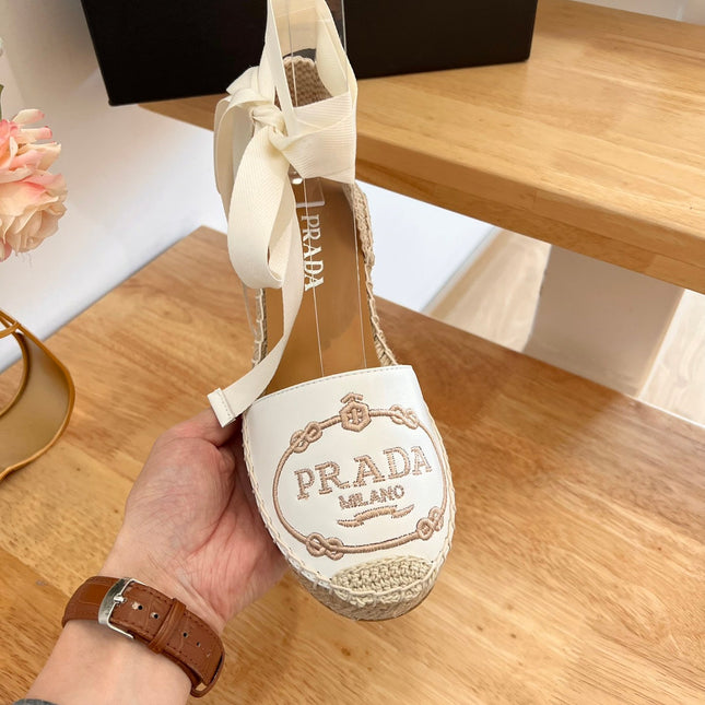 PRADA 26S ESPADRILLE HIGH HEEL SANDALS IN IVORY WHITE CALFSKIN