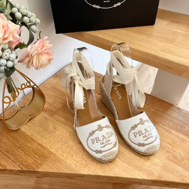 PRADA 26S ESPADRILLE HIGH HEEL SANDALS IN IVORY WHITE CALFSKIN