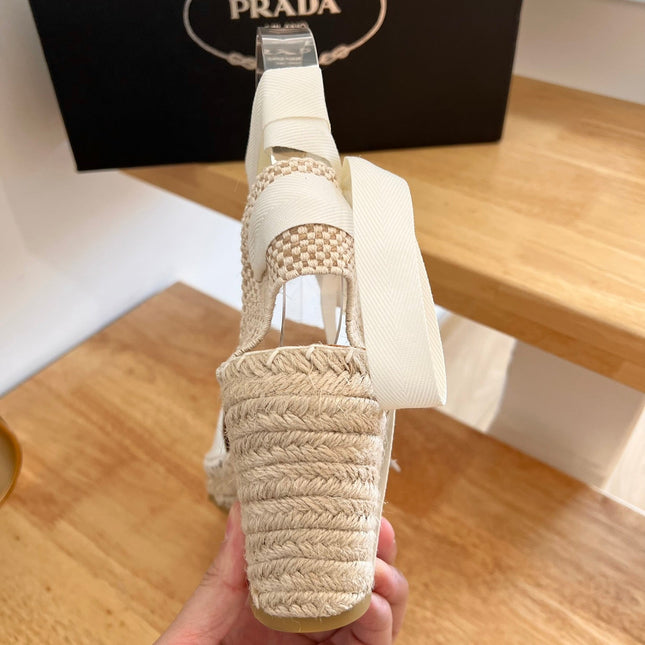 PRADA 26S ESPADRILLE HIGH HEEL SANDALS IN IVORY WHITE CALFSKIN
