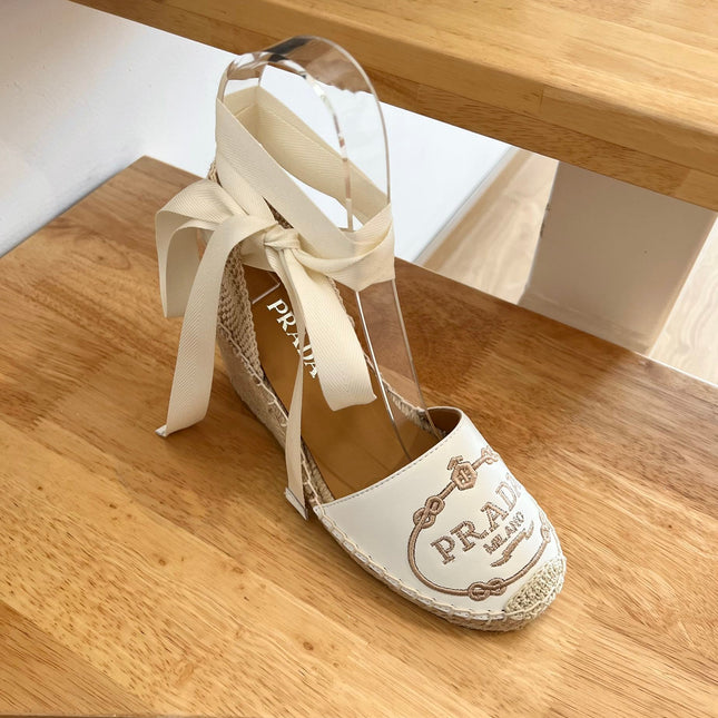 PRADA 26S ESPADRILLE HIGH HEEL SANDALS IN IVORY WHITE CALFSKIN