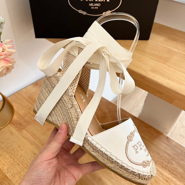 PRADA 26S ESPADRILLE HIGH HEEL SANDALS IN IVORY WHITE CALFSKIN