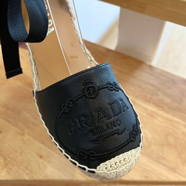 PRADA 26S ESPADRILLE HIGH HEEL SANDALS IN BLACK CALFSKIN