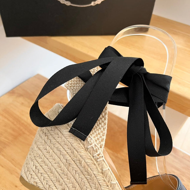 PRADA 26S ESPADRILLE HIGH HEEL SANDALS IN BLACK CALFSKIN