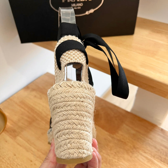 PRADA 26S ESPADRILLE HIGH HEEL SANDALS IN BLACK CALFSKIN