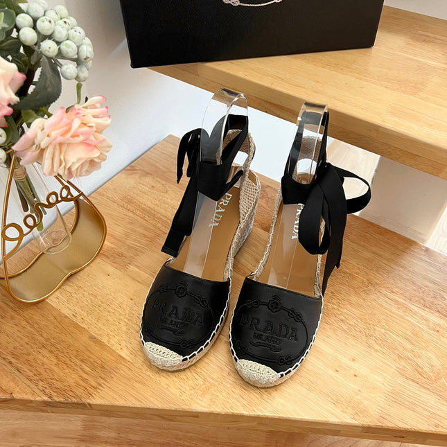 PRADA 26S ESPADRILLE HIGH HEEL SANDALS IN BLACK CALFSKIN