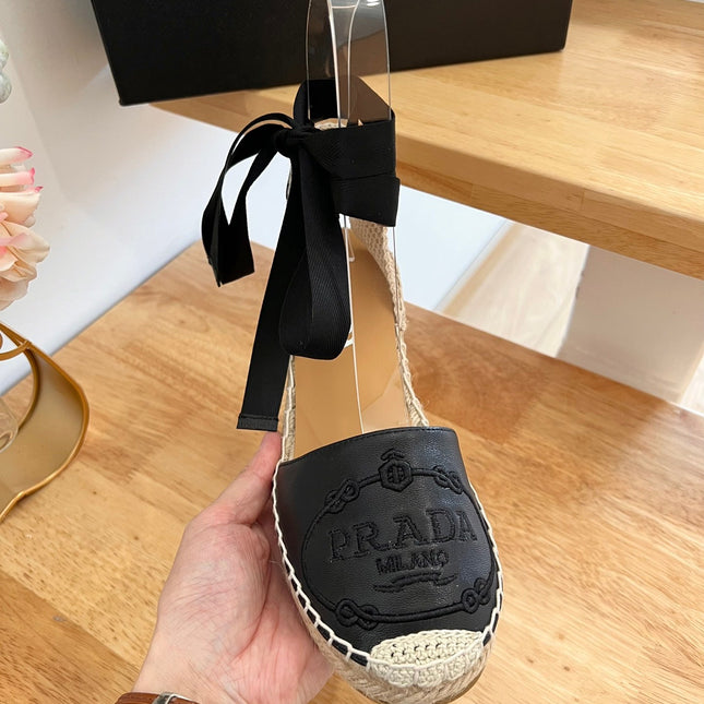 PRADA 26S ESPADRILLE HIGH HEEL SANDALS IN BLACK CALFSKIN