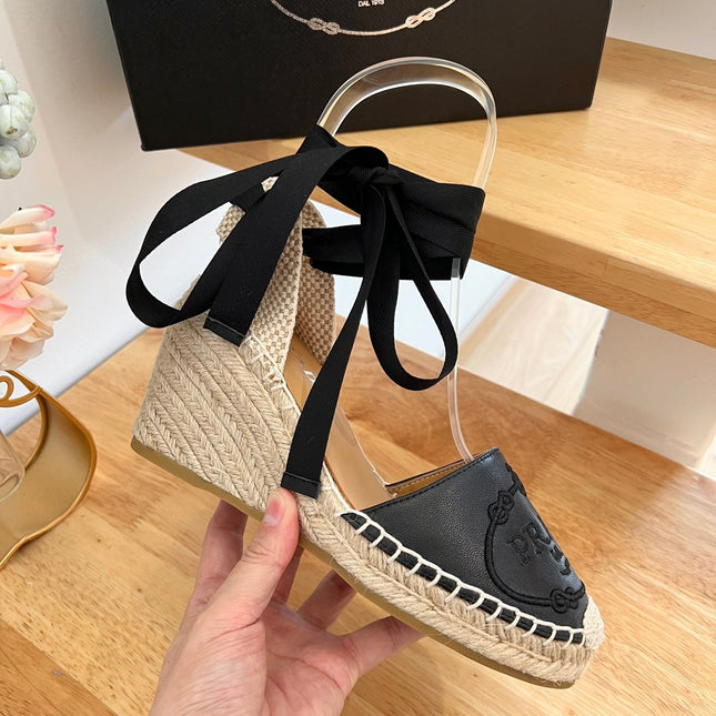 PRADA 26S ESPADRILLE HIGH HEEL SANDALS IN BLACK CALFSKIN