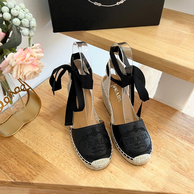 PRADA 26S ESPADRILLE HIGH HEEL SANDALS IN BLACK CALFSKIN