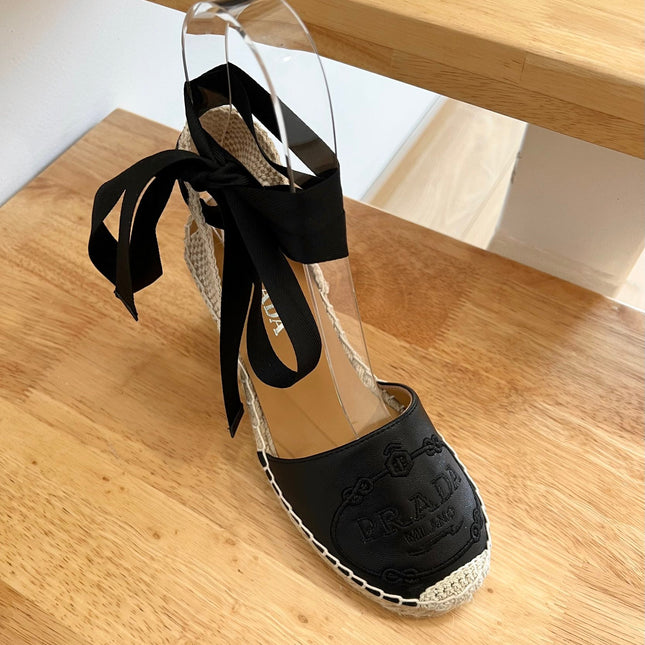 PRADA 26S ESPADRILLE HIGH HEEL SANDALS IN BLACK CALFSKIN