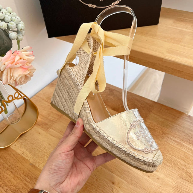 PRADA 26S ESPADRILLE HIGH HEEL SANDALS IN GOLD CALFSKIN