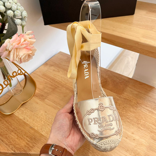 PRADA 26S ESPADRILLE HIGH HEEL SANDALS IN GOLD CALFSKIN