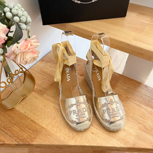 PRADA 26S ESPADRILLE HIGH HEEL SANDALS IN GOLD CALFSKIN