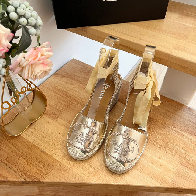 PRADA 26S ESPADRILLE HIGH HEEL SANDALS IN GOLD CALFSKIN