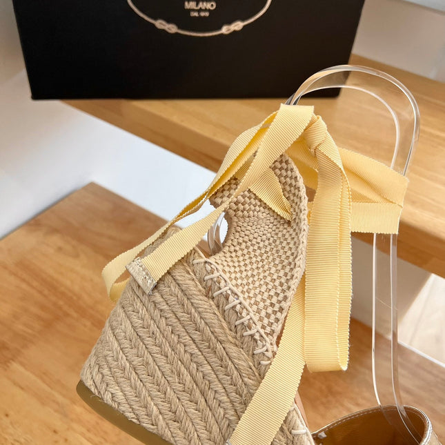 PRADA 26S ESPADRILLE HIGH HEEL SANDALS IN GOLD CALFSKIN
