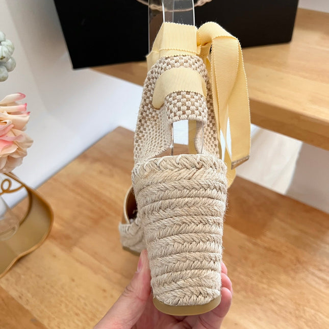 PRADA 26S ESPADRILLE HIGH HEEL SANDALS IN GOLD CALFSKIN