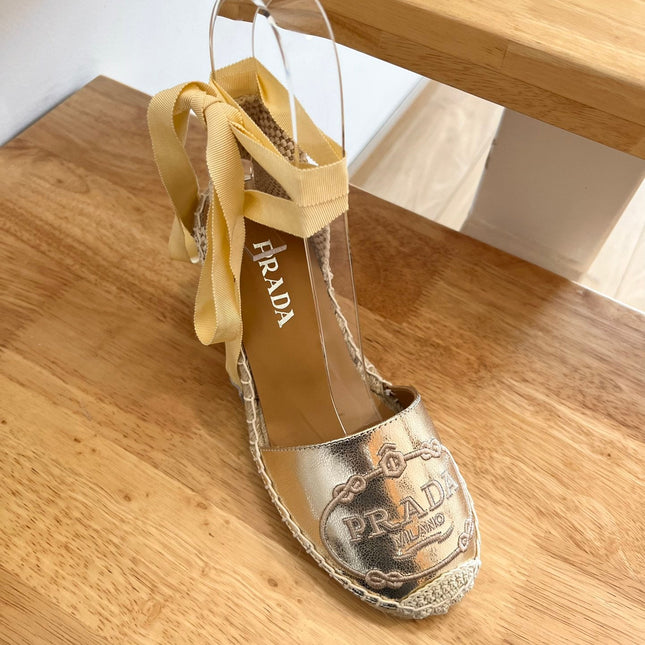 PRADA 26S ESPADRILLE HIGH HEEL SANDALS IN GOLD CALFSKIN