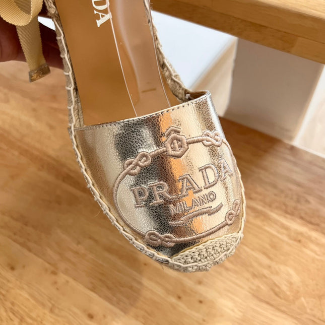 PRADA 26S ESPADRILLE HIGH HEEL SANDALS IN GOLD CALFSKIN